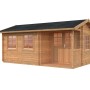 Palmako Susanna Gartenhaus, hellbraunes Holz mit Satteldach und überdachter Fläche.
