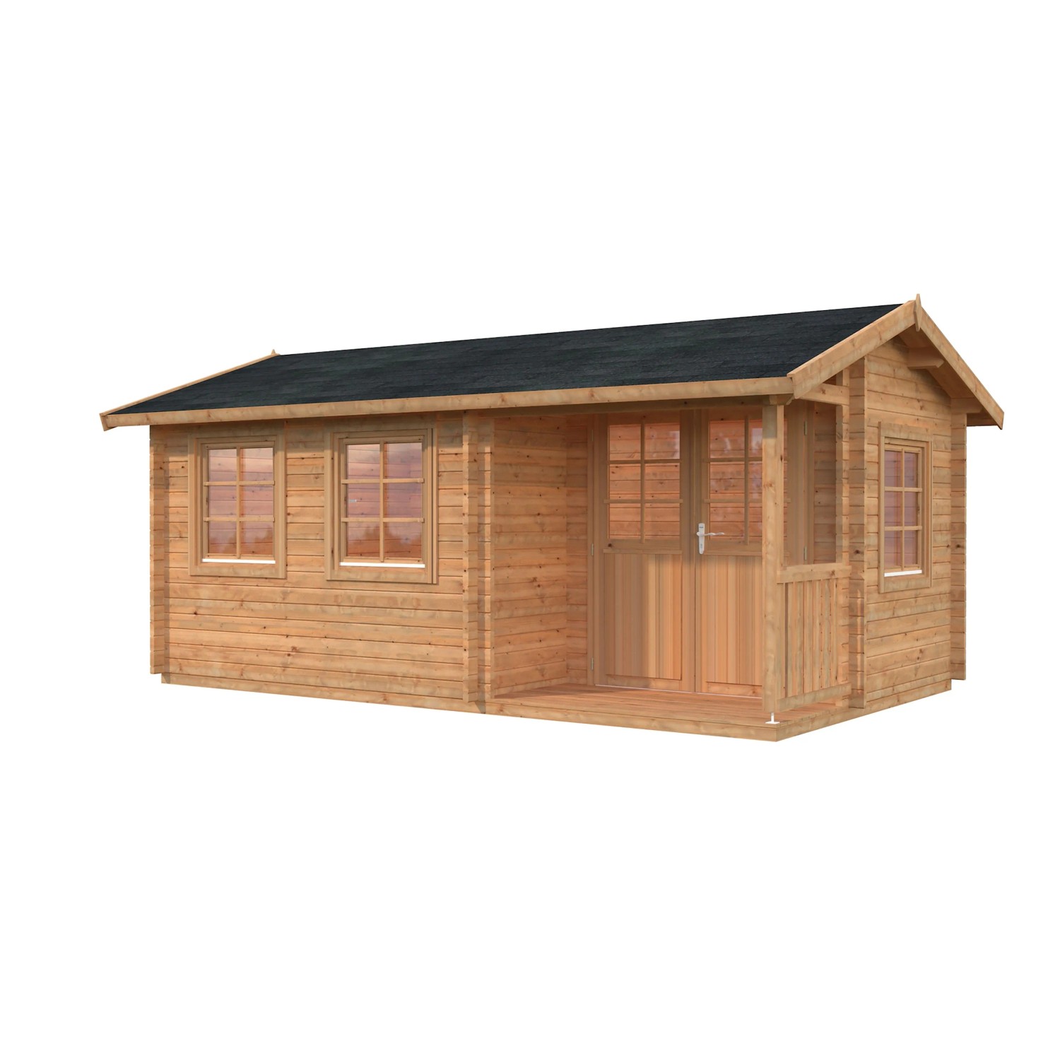 Palmako Susanna Gartenhaus, hellbraunes Holz mit Satteldach und überdachter Fläche.