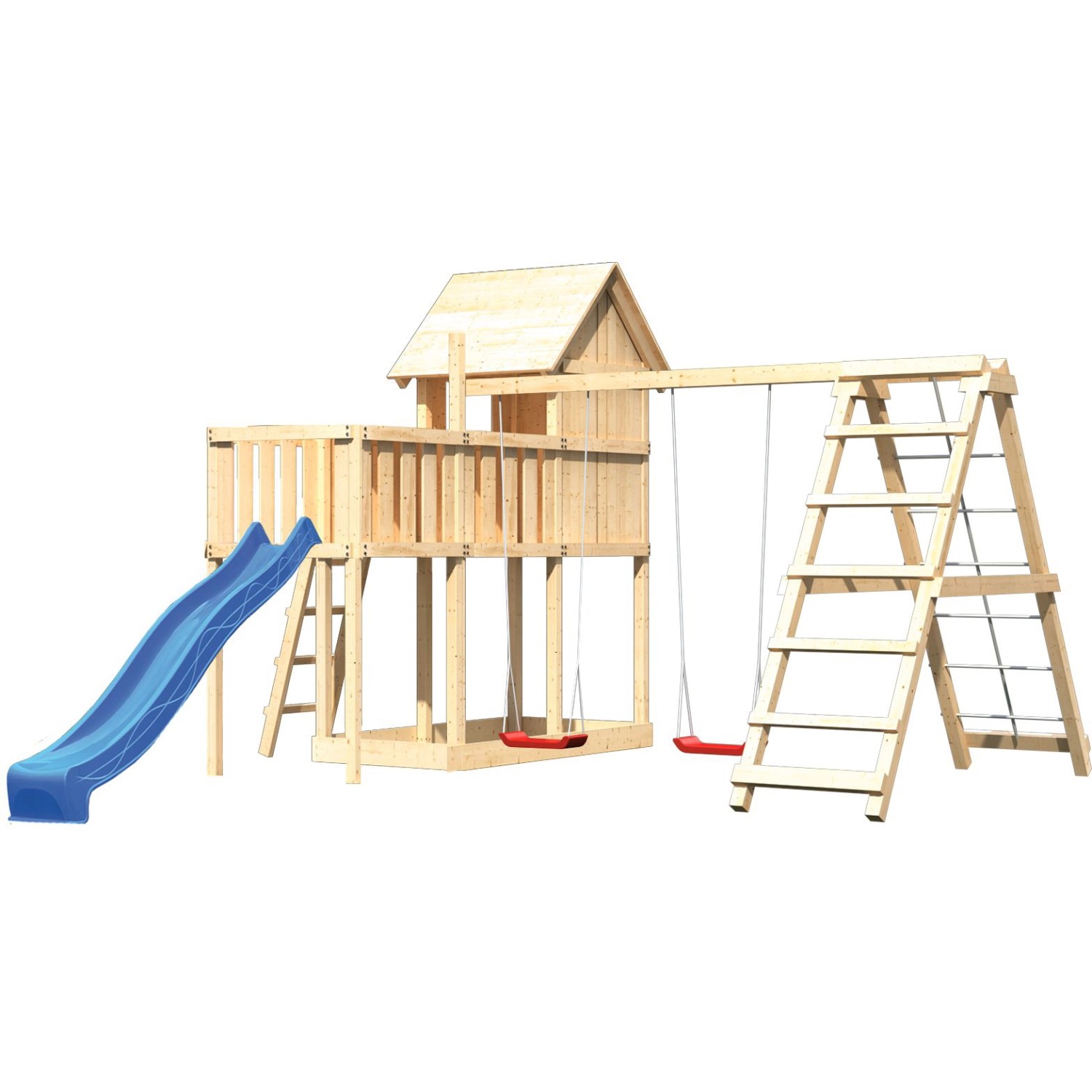 Karibu Stelzenhaus Frieda mit Doppelschaukel, Klettergerüst, blauer Rutsche und Plattform.