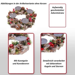 Holz Adventskranz ohne Kerzen, geschmückt mit Kugeln, Beeren und Zapfen, vier Kerzenhalter.
