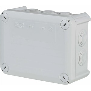 Grauer OBO Abzweigkasten Aufputz, 150x116mm, IP66, mit 10 Anschlussmöglichkeiten.
