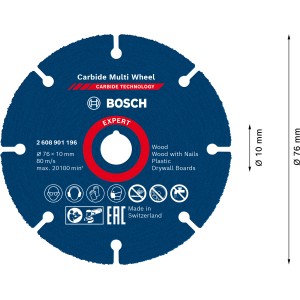 Bosch Expert Trennscheibe Carbide Multi Wheel, Ø 76 mm, für Winkelschleifer zum Schneiden von Holz, Kunststoff und Trockenbau.