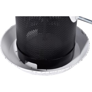 Detailaufnahme des weißen/schwarzen Dobar Metall-Futterspenders Fold für Körnerfutter.