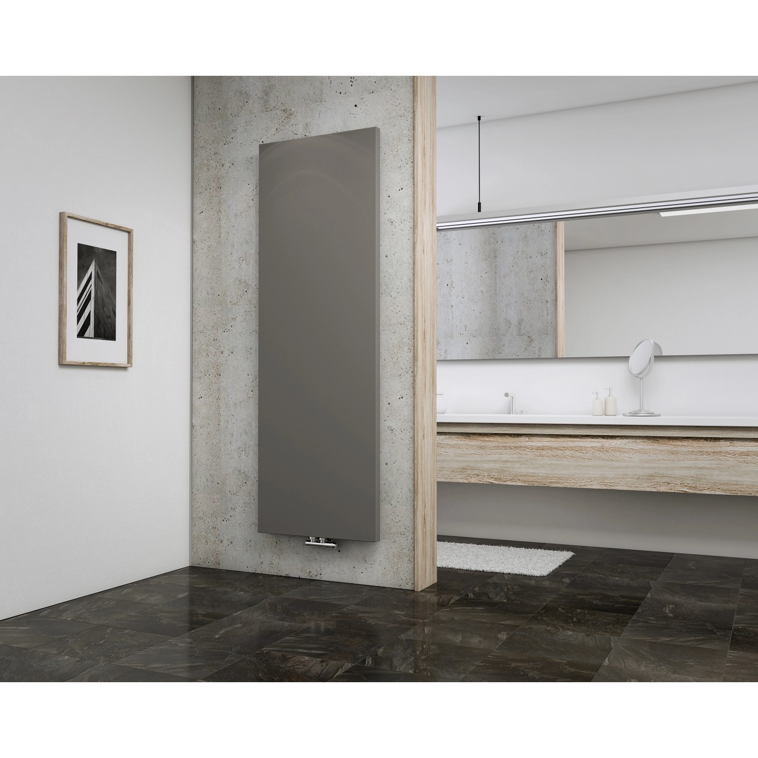 Schulter Design-Heizkörper New York, Reflex Grau, mit Mittenanschluss im modernen Bad.