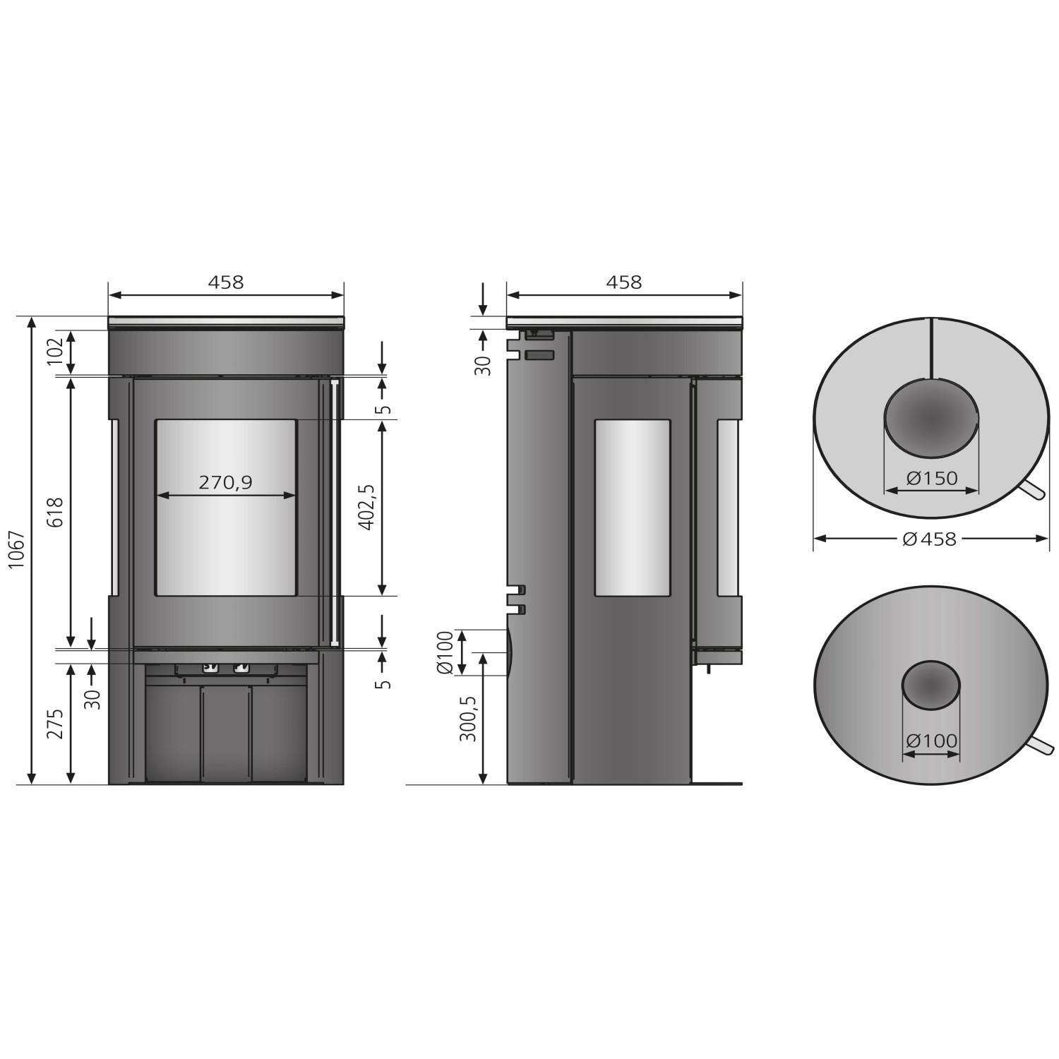 Technische Zeichnung Kaminofen Justus Mino Trios 2.0, Maße und Anschlüsse für Installation.