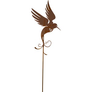Rostfarbener Gartenstecker mit Kolibri-Motiv von Ferrum Art Design, 145 cm hoch.