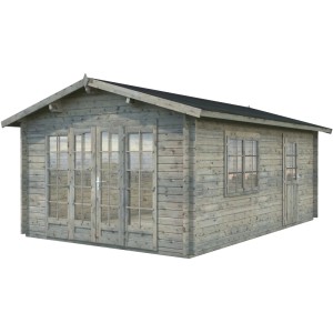 Graues Palmako Irene Holz-Gartenhaus mit Satteldach, 380x550 cm. Gartenhaus aus Holz mit Doppeltür und Fenster.