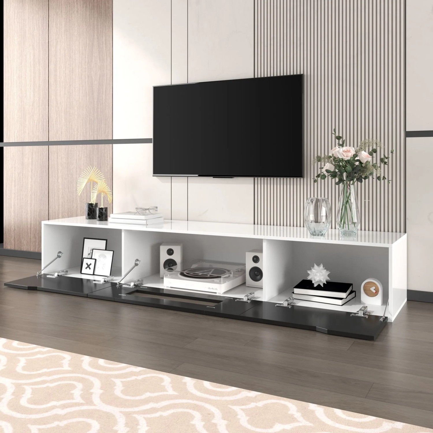 okwish TV Schrank mit LED Licht Holzoptik Glasböden 180x35x30cm Schwarz_2