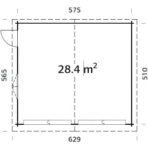 Grundriss Palmako Holzgarage Roger, braun, 575x510 cm, mit Sektionaltor, Tür und Fenster. Fläche 28,4 m².