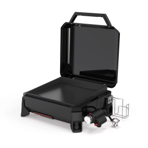 Weber Slate GP 43cm Premium Plancha Gasgrill mit geöffnetem Deckel.