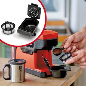 Einhell Akku-Kaffeemaschine TE-CF 18 Solo mit Zubehör und Tasse.