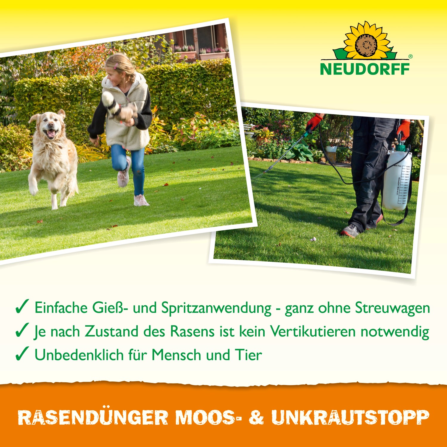 Neudorff Rasendünger Moos- & Unkrautstopp: Kind mit Hund und Rasenpflege mit Spritze.