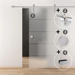 Novadoors Glasschiebetür-Set Ferrera mit matter Glasfläche, horizontalen Streifen, offener Laufschiene und Griffmuschel.