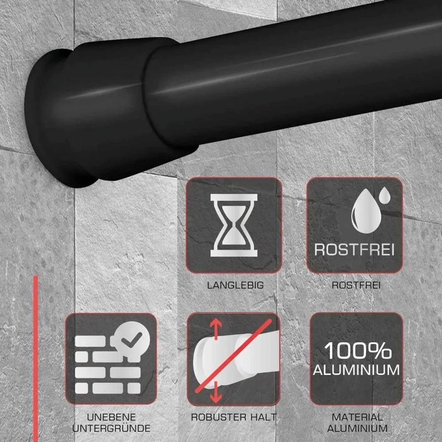 Schwarze Bomoe Neptun Duschstange (L 140-260cm) an grauer Wand, Details zu Material und Eigenschaften.