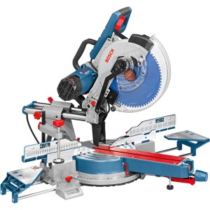 Bosch Professional Paneel-Säge GCM 12 SDE mit blauem Kreissägeblatt und silbernen Details.