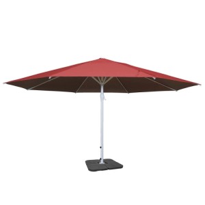 Roter MCW Sonnenschirm Carpi II, Ø 5m, mit weißem Gestell und Schirmständer.