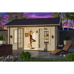 Skan Holz Gartenhaus Montral 1 DS Natur, 420x300cm. Holz-Gartenhaus mit geöffneten Türen und Yoga-Übender im Inneren.