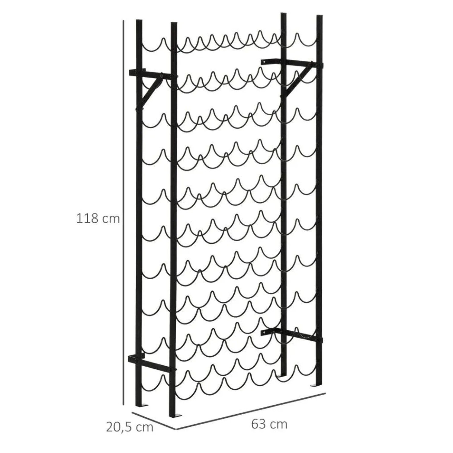 Schwarzes Metall Weinregal für 60 Flaschen mit Wandbefestigung. Schlichtes Design, 118x63x20,5 cm.