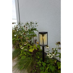 Moderne, mattschwarze Lutec LED Solar Wegeleuchte Flair im Garten zwischen Pflanzen.