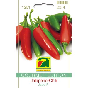 Austrosaat Jalapeno-Chili Japo F1: Samenpackung mit roten und grünen Chili-Schoten.