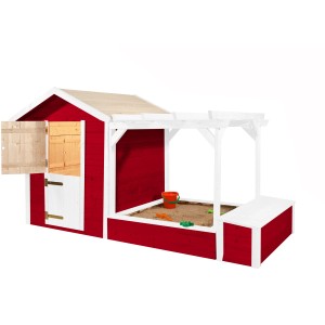 Weka Spielhaus Drachenhöhle Tabaluga rot-weiß mit Sandkasten und Pergola.
