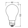 Skizze: Osram LED-Lampe E27, A100, matt, 7.2W, 2700K, Maße: 10,5cm x Ø 6cm.