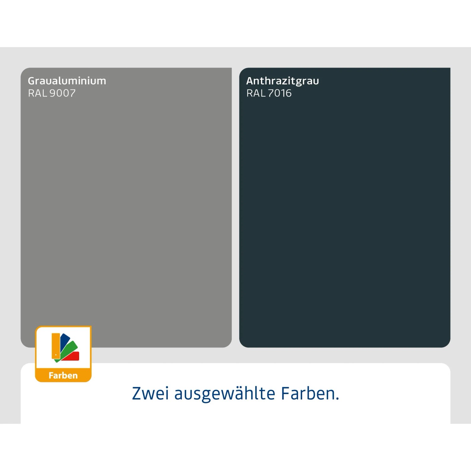 Farbauswahl EcoStar Gartenbox Elegant: Graualuminium (RAL 9007) und Anthrazitgrau (RAL 7016).