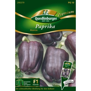Saatgutpackung Quedlinburger Block-Paprika Mavras mit dunkelvioletten Paprika.