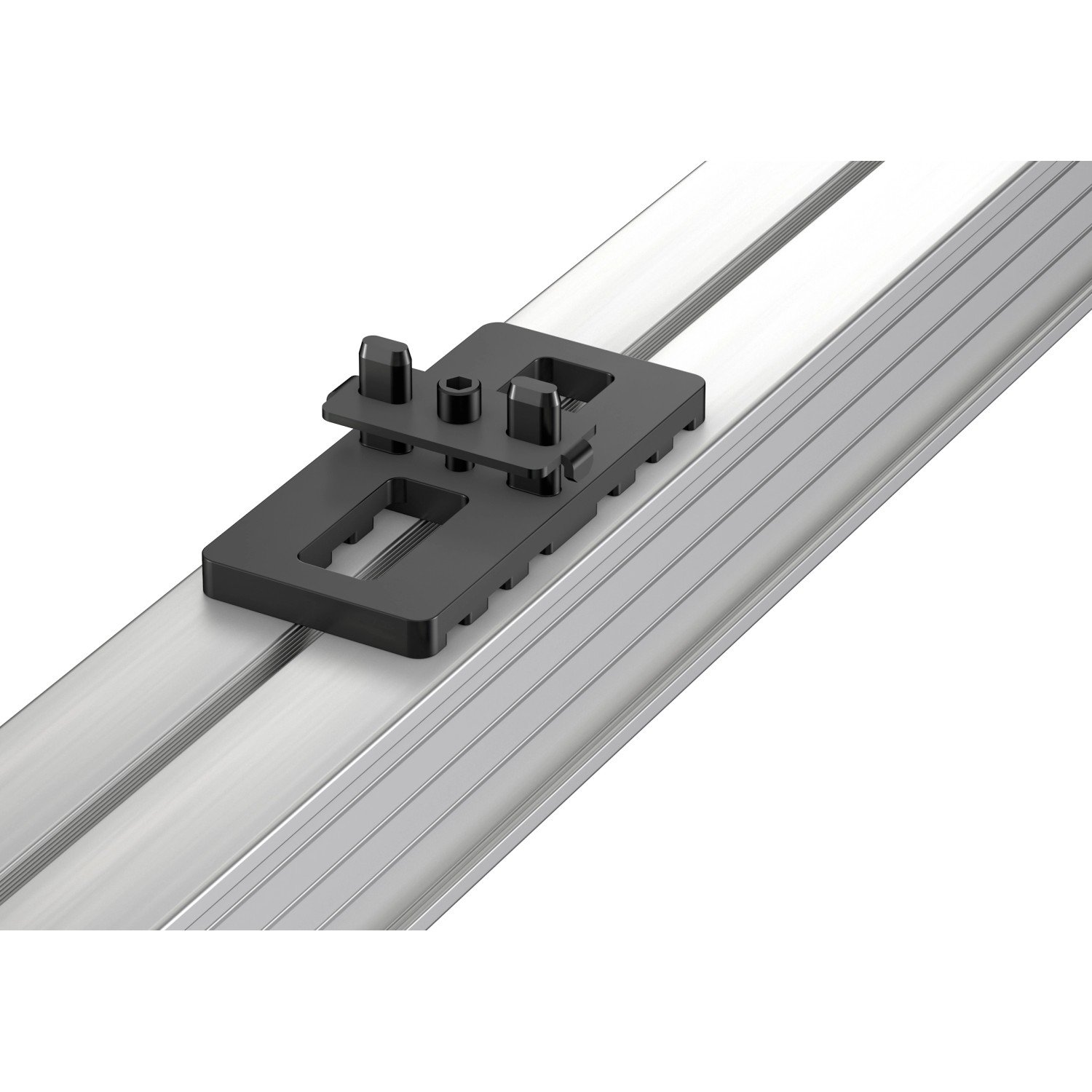 GS Terrassenclip schwarz mit Metallplatte und Schraube zur Dielenbefestigung auf Alu-Unterkonstruktion.