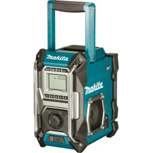 Makita Akku-Radio MR001G in Türkis/Schwarz mit Tragegriff und Digitalanzeige.