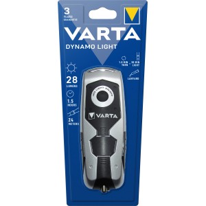 Varta Dynamo Taschenlampe, aufladbar per Kurbel, stoßfest und spritzwassergeschützt.