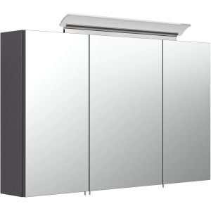 Posseik Spiegelschrank, 100 cm breit, Anthrazit mit Softclose und Aufsatzleuchte.