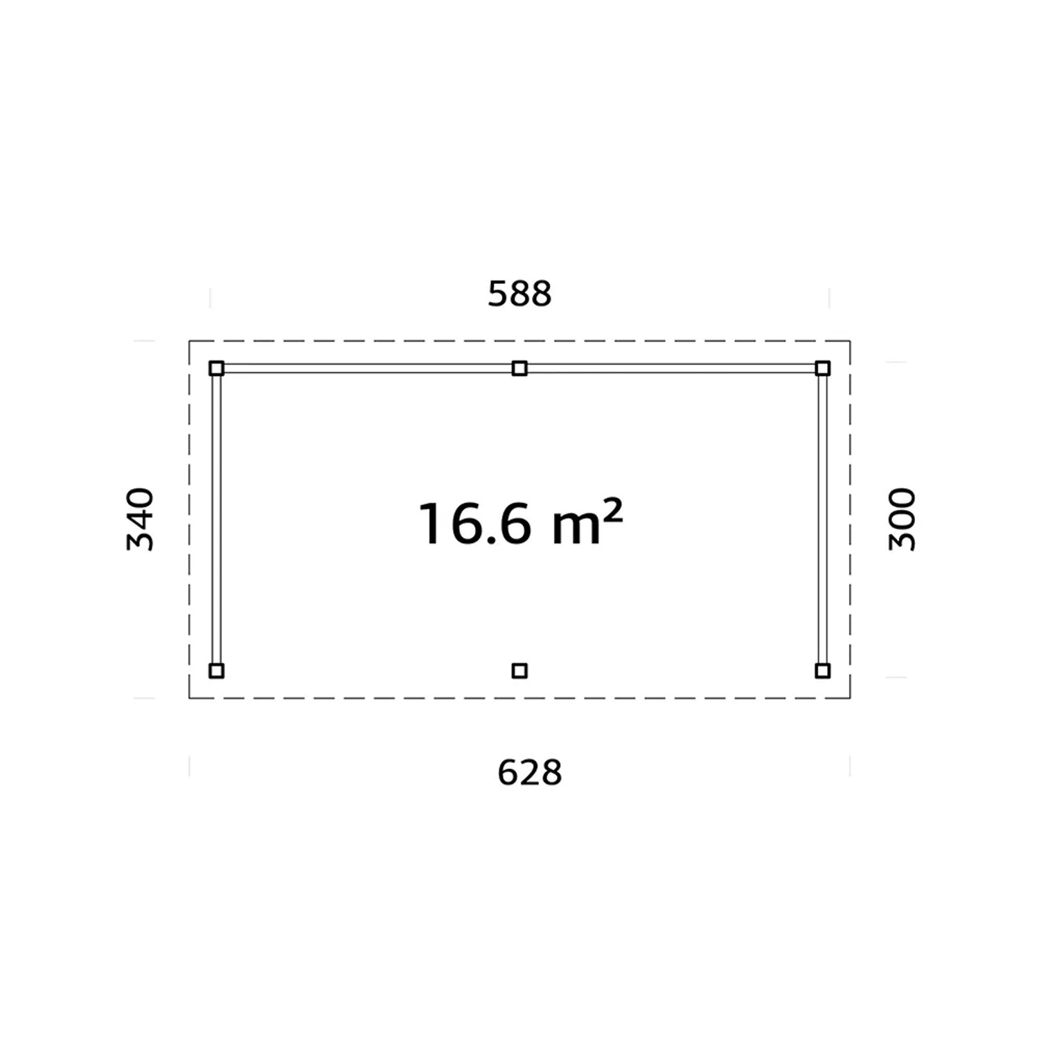 Grundriss Palmako Pavillon Lenna Set 307, 588x300 cm, graue Tauchgrundierung, Maße und Fläche (16,6 m²).