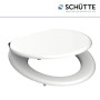 Weißer Schütte WC-Sitz mit Holzkern und Absenkautomatik für leises Schließen.