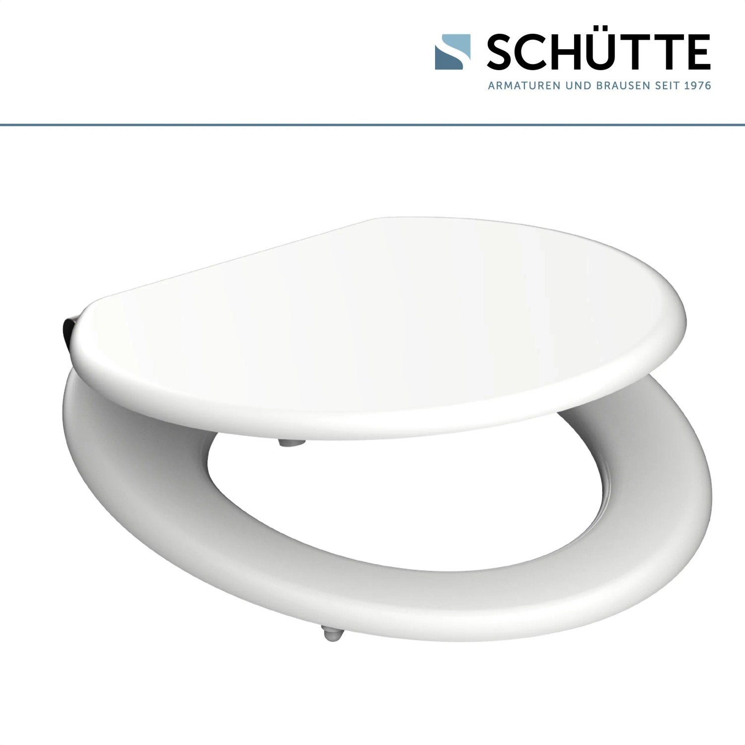 Weißer Schütte WC-Sitz mit Holzkern und Absenkautomatik für leises Schließen.