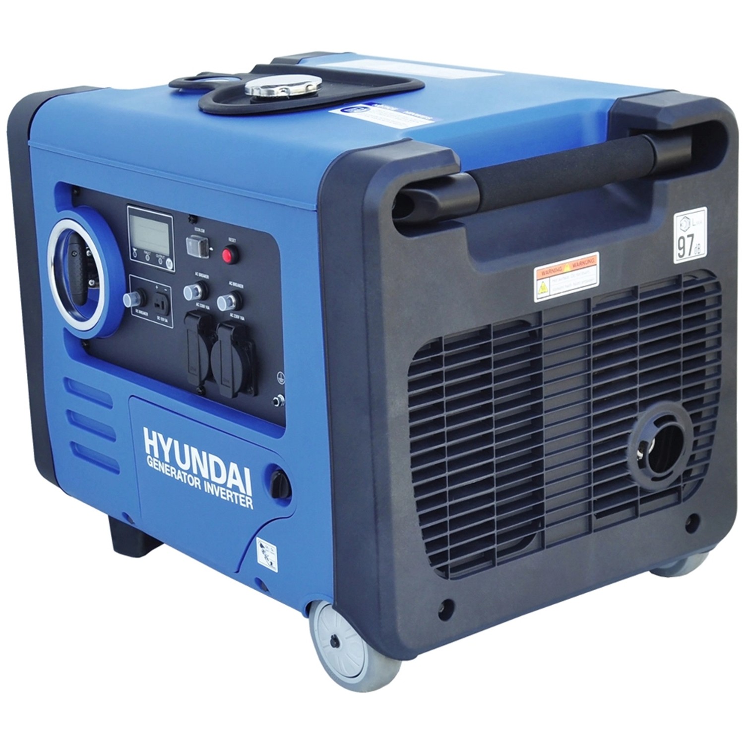 Blauer Hyundai Inverter-Generator HY4500SEi D mit Rädern, E-Start und Digitalanzeige.