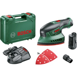 Bosch EasySander 12 Akku-Multischleifer Set mit Zubehör, Akku, Ladegerät und Schleifpapier.