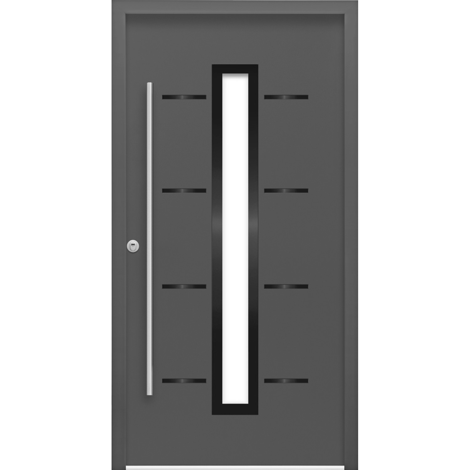 Anthrazitfarbene Sicherheits-Haustür ThermoSpace Milano RC2 mit Glaseinsatz und Edelstahlgriff.