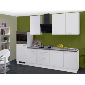 Flex-Well Küchenzeile Lucca, 280 cm, Weiß: Moderne Einbauküche mit E-Geräten und grauer Arbeitsplatte.