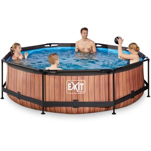 Exit Stahlrahmenpool-Set Wood Ø 300 cm mit Holzoptik und Badenden.