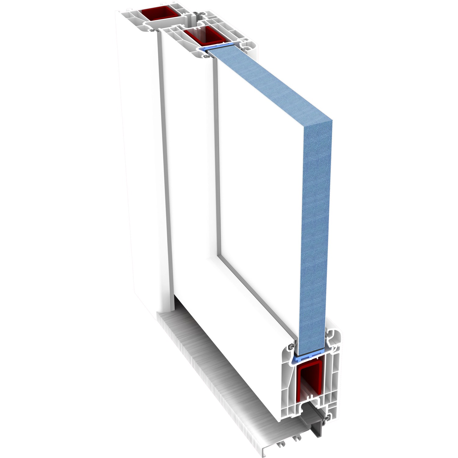 Querschnitt einer weißen Kunststoff-Nebeneingangstür K504 mit Mahagoni Dekor und Glaselement.