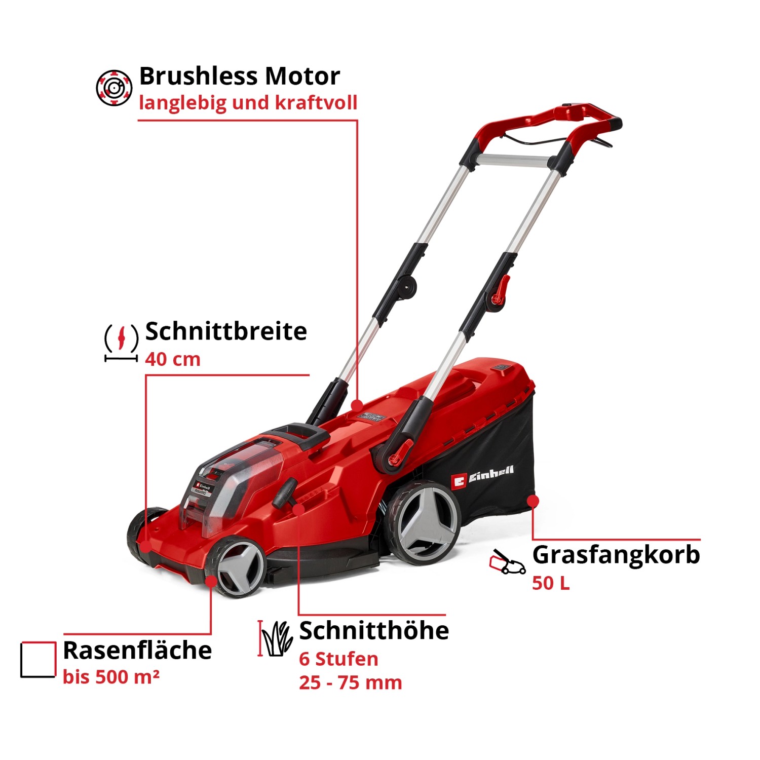 Einhell Akku-Rasenmäher Rasarro 36/40, rot, mit Grasfangkorb. Ideal für Rasenflächen bis 500 m².