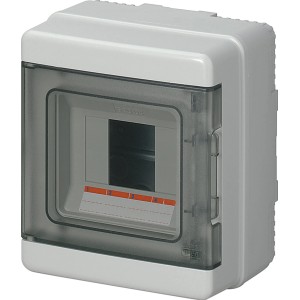 Grauer E2 Elektro AP Verteiler, 4-polig, IP65, mit transparenter Tür für Kunststoffschlauchleitungen.
