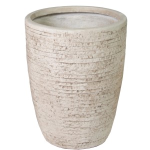 Hoher, beiger Pflanztopf 'Eggt Pot' von M Collections, Ø 50 cm, aus Fibreclay mit horizontaler Struktur.