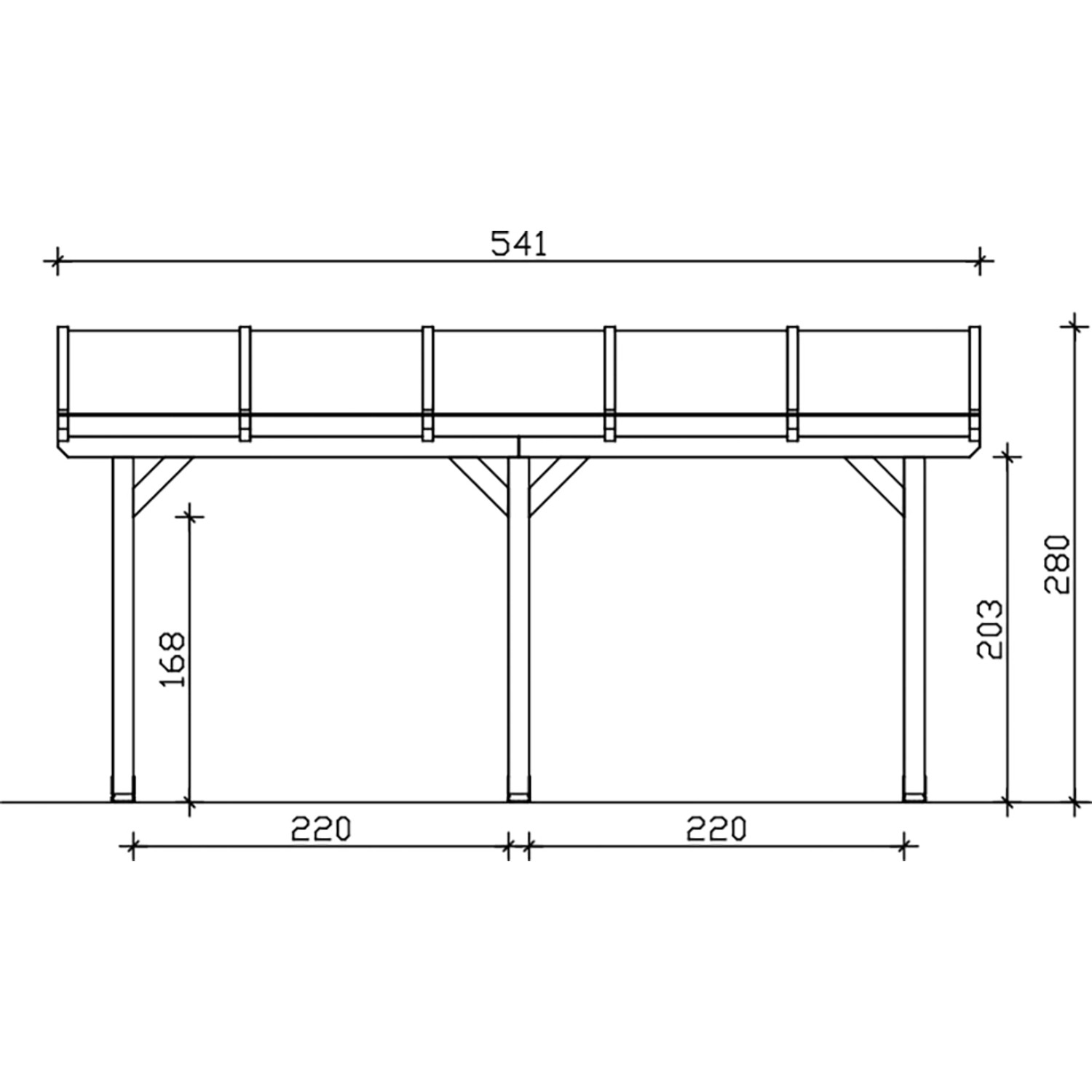 Technische Zeichnung einer Skan Holz Terrassenüberdachung Bormio, 541x400 cm, Leimholz Eiche Hell, mit Maßangaben.