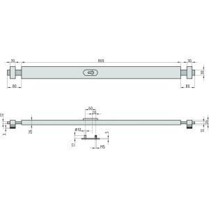 Technische Zeichnung: Basi Panzer-Riegelschloss 800, braun, mit Maßen für Türblattbreite 800-950 mm.