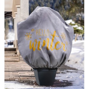 Graue Windhager Deko-Haube Protect XL mit goldenem "Hello Winter" Aufdruck auf Pflanze im Topf.