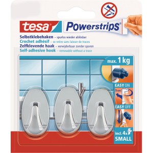 Tesa Selbstklebehaken Chrom glänzend oval 3 Stück mit 4 x Powerstrips Small