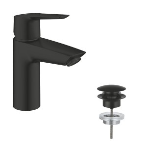 Grohe QuickFix Waschtischarmatur Start S, Einhebelmischer in Schwarz mit Ablaufgarnitur.