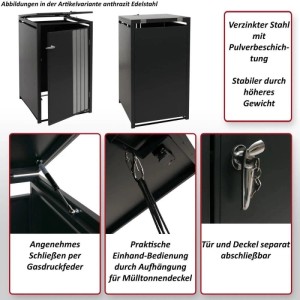 MCW Mülltonnenverkleidung für 1 Tonne, anthrazitfarben mit Edelstahldetails, 122x68x84 cm.